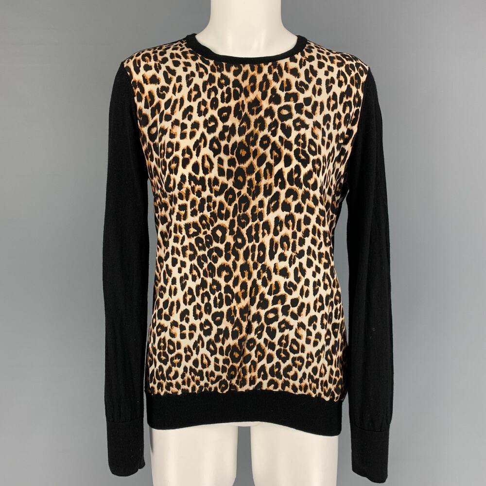 EQUIPMENT Size M Black Tan Wool Silk Leopard Crew-Neck Pullover